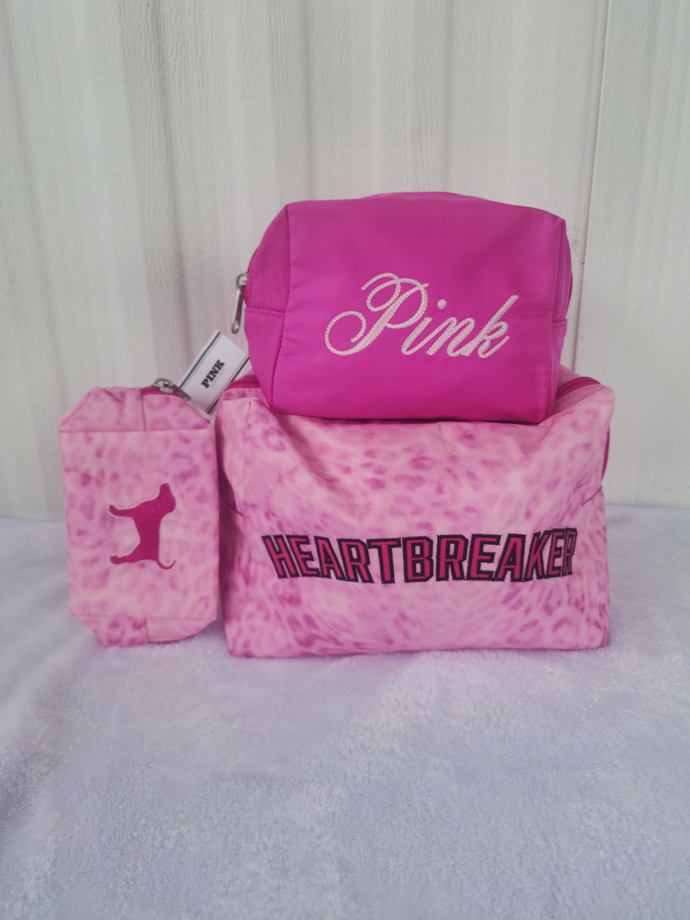 PINK Victoria's Secret Hot Pink & Light Pink 'Heartbreaker' Cosmetic Bag Trio